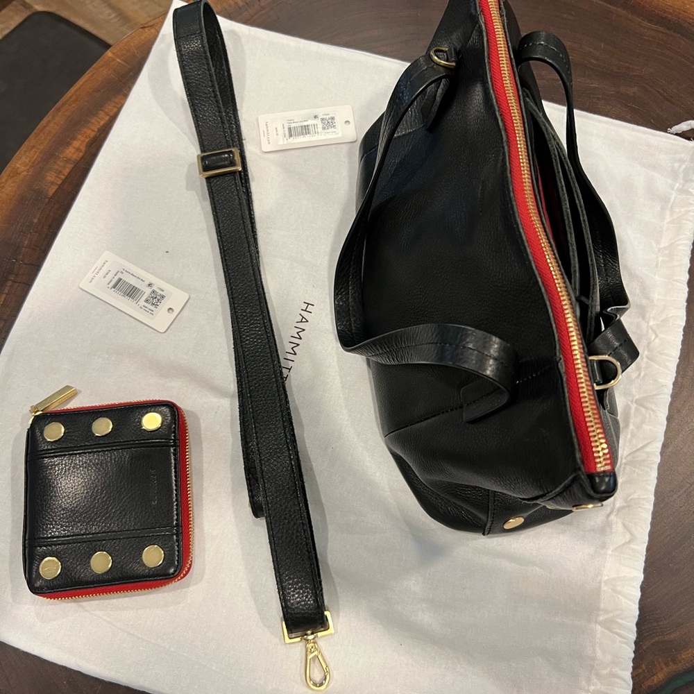 Hammitt Black Leather Bag with Red Accents (set includes wallet, shoulder strap)